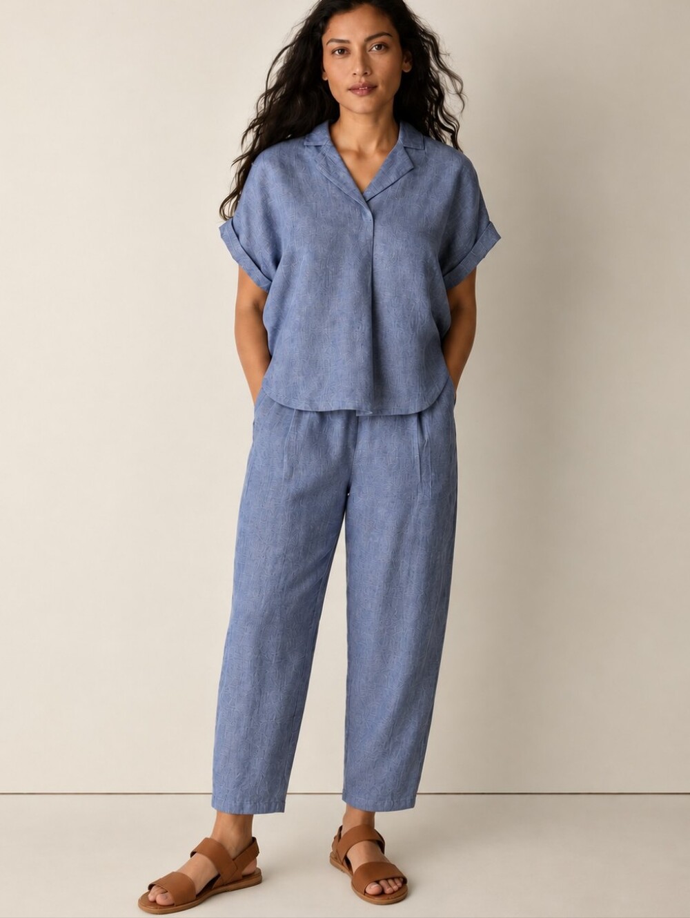 EILEEN FISHER Linen Lantern Pants Ankle Délavé Chambray Blue Wide XL